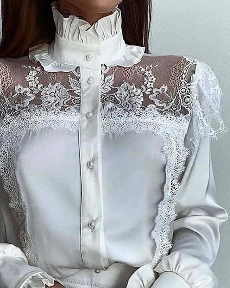 Eyelash Crochet Lace Lantern Sleeve Frill Hem Top