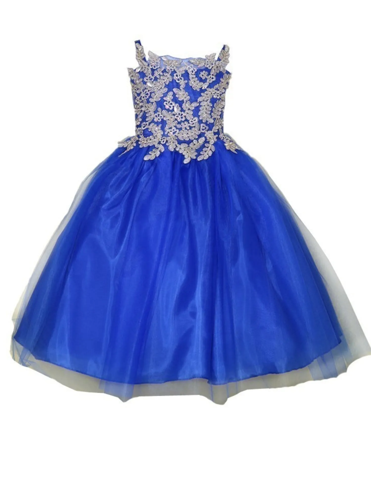 Flower Girl Dress with Gold Embroidered Top and Tulle Overlay Skirt, Sizes 2-16