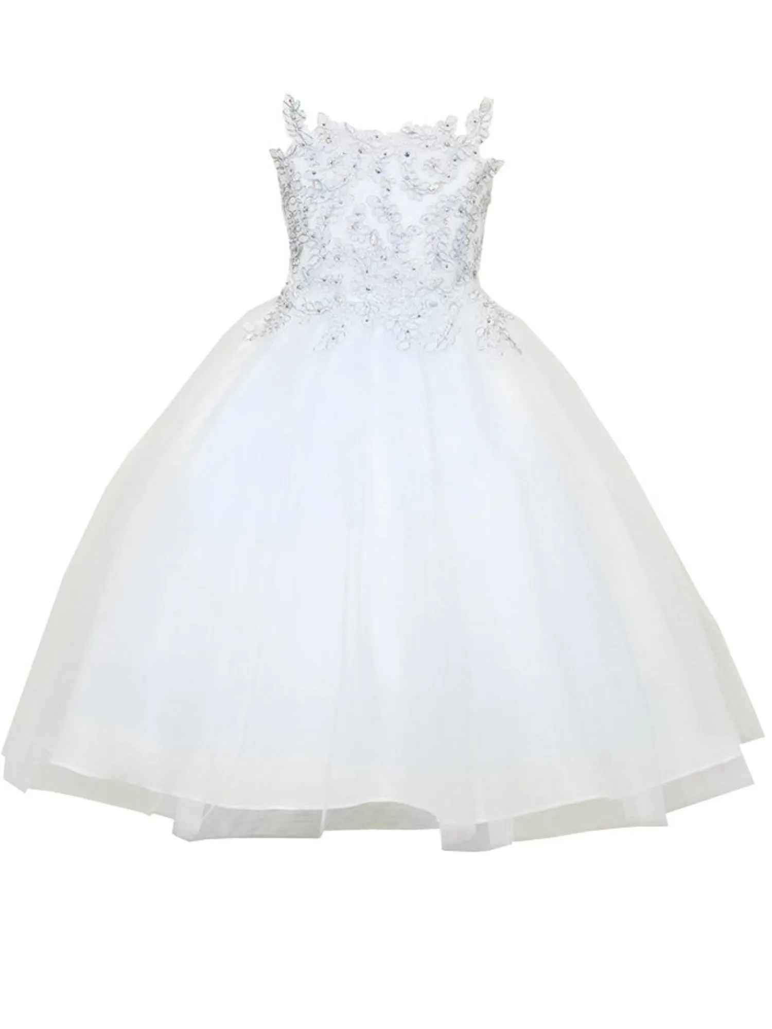 Flower Girl Dress with Gold Embroidered Top and Tulle Overlay Skirt, Sizes 2-16