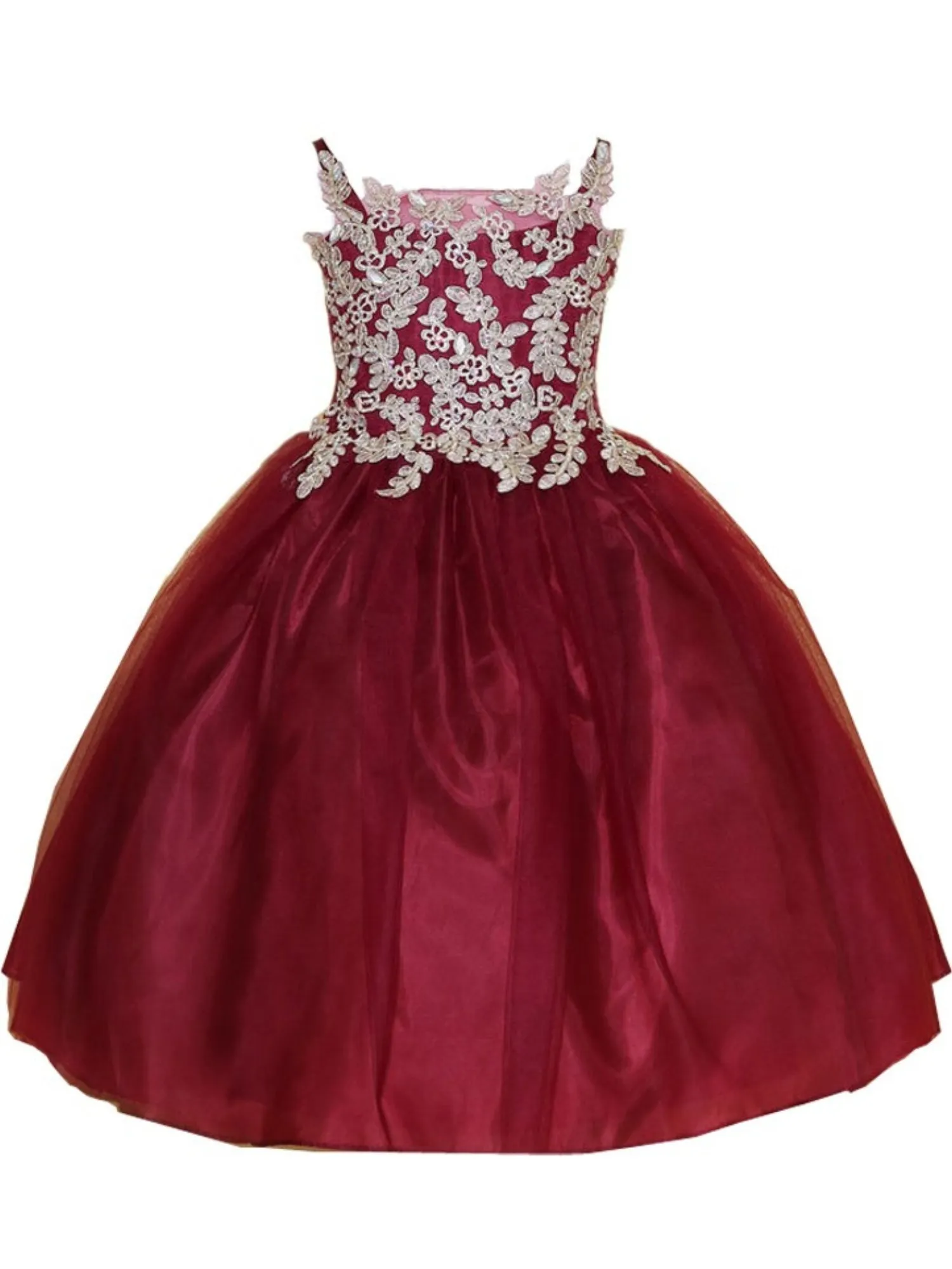 Flower Girl Dress with Gold Embroidered Top and Tulle Overlay Skirt, Sizes 2-16