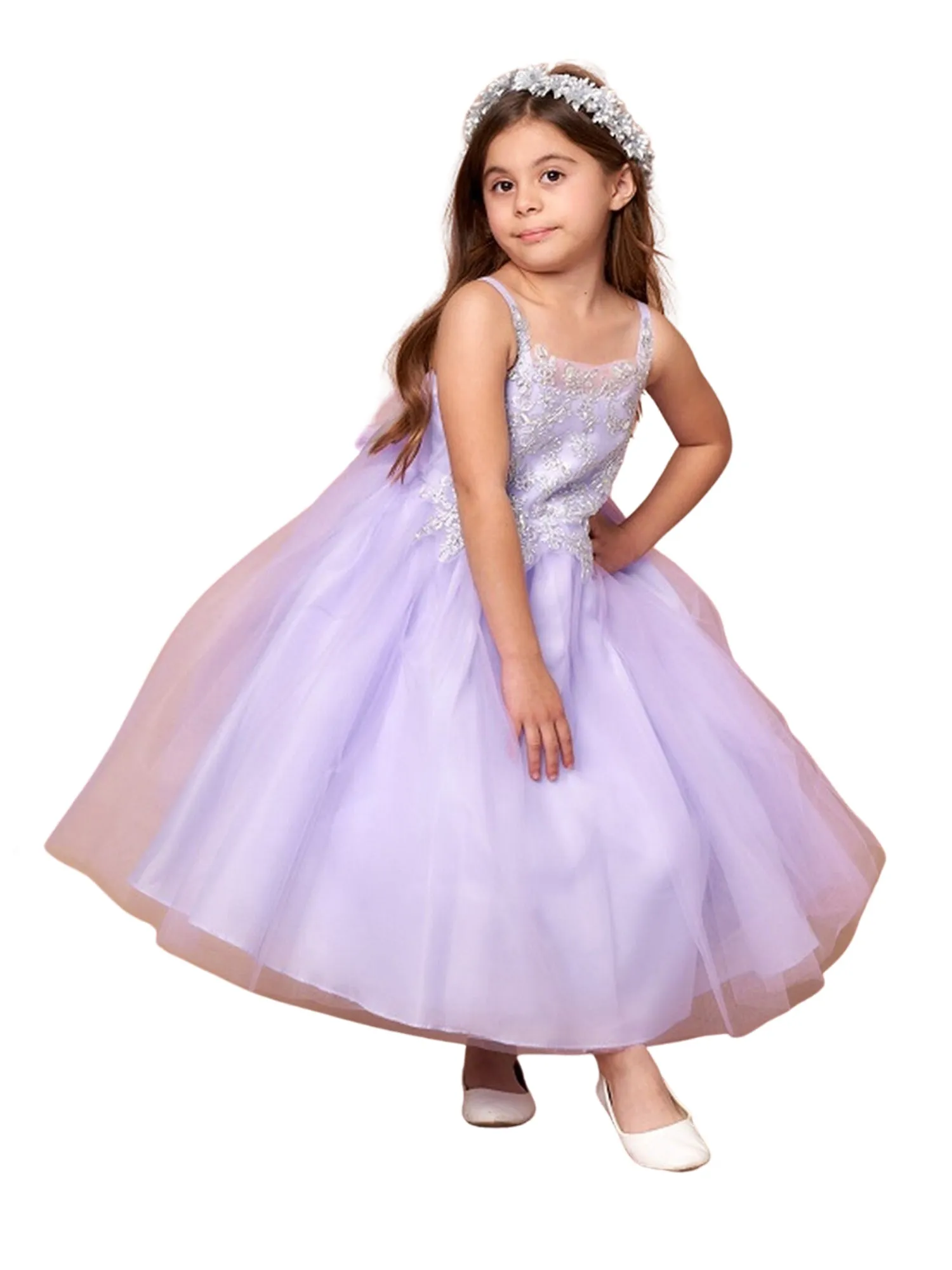 Flower Girl Dress with Gold Embroidered Top and Tulle Overlay Skirt, Sizes 2-16