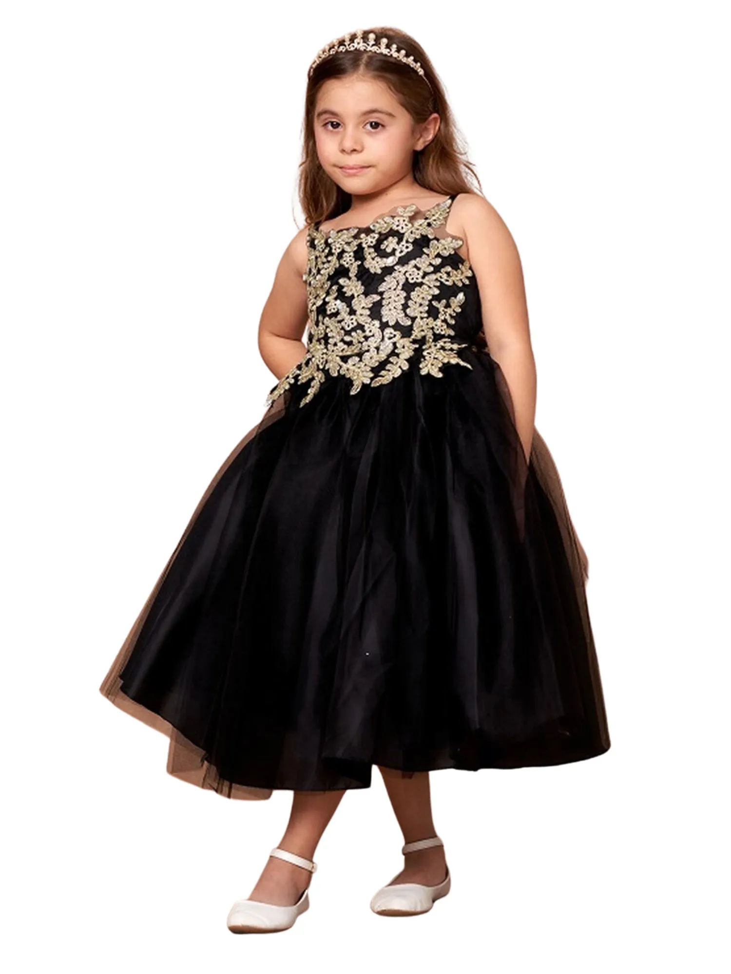 Flower Girl Dress with Gold Embroidered Top and Tulle Overlay Skirt, Sizes 2-16