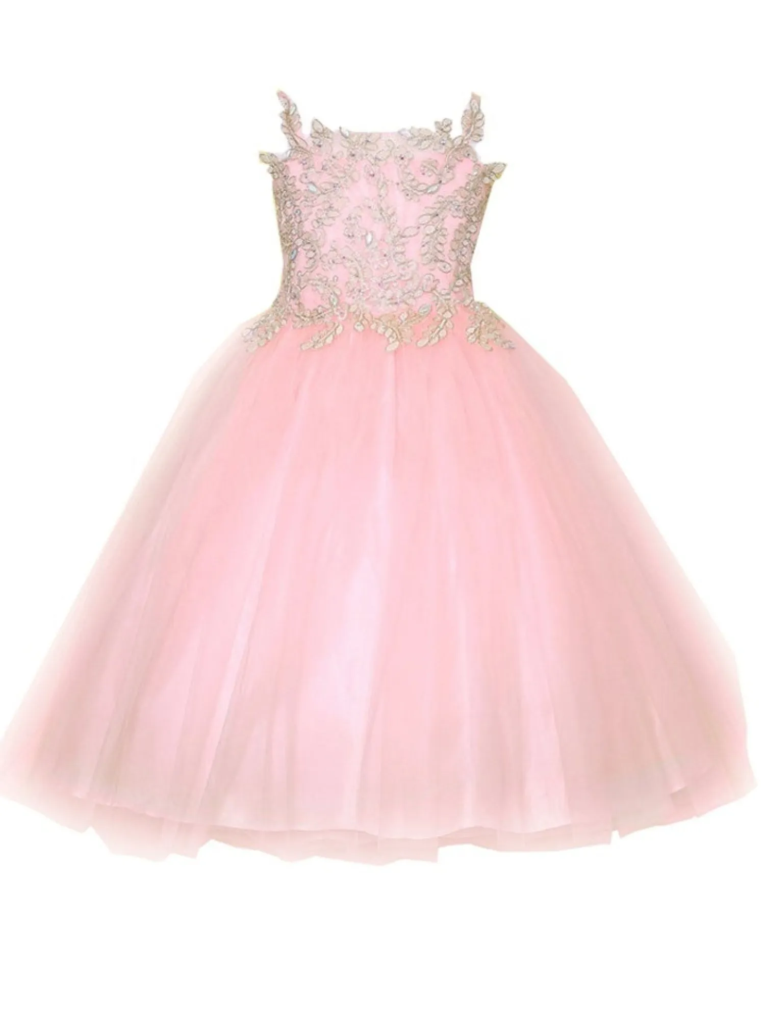 Flower Girl Dress with Gold Embroidered Top and Tulle Overlay Skirt, Sizes 2-16