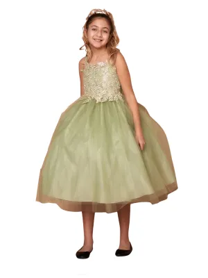Flower Girl Dress with Gold Embroidered Top and Tulle Overlay Skirt, Sizes 2-16