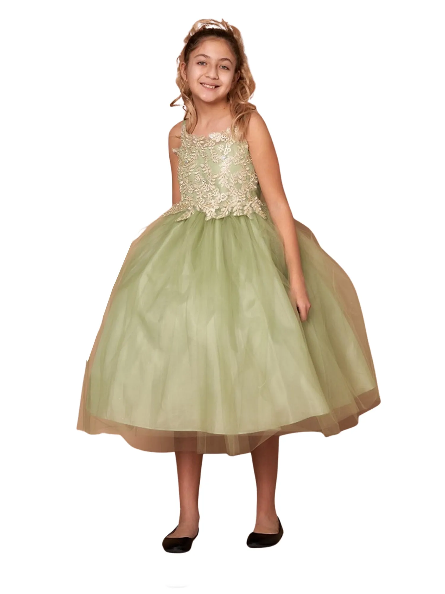Flower Girl Dress with Gold Embroidered Top and Tulle Overlay Skirt, Sizes 2-16