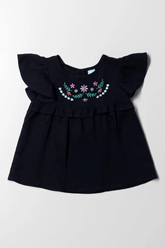 Frill Embroidery Top Navy