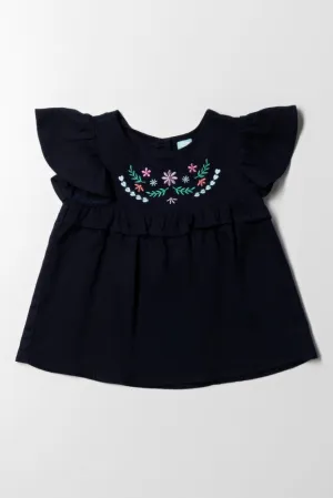 Frill Embroidery Top Navy