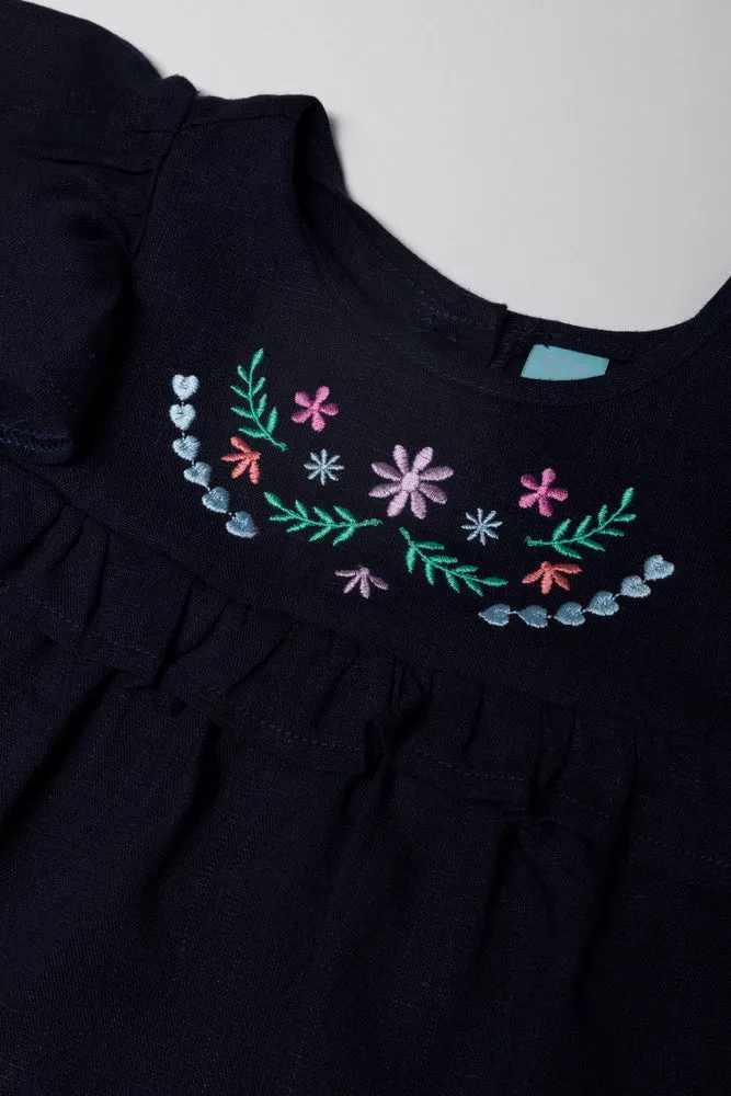 Frill Embroidery Top Navy