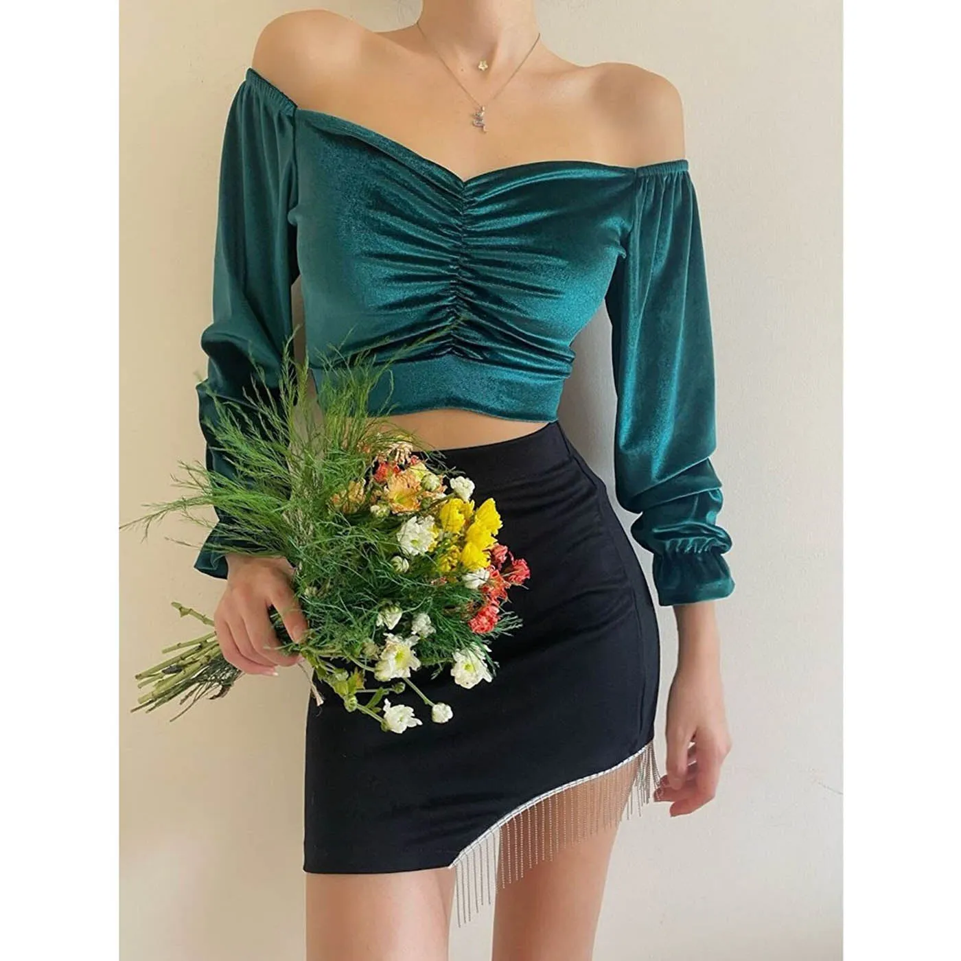 Green Pleated Velvet Blouse