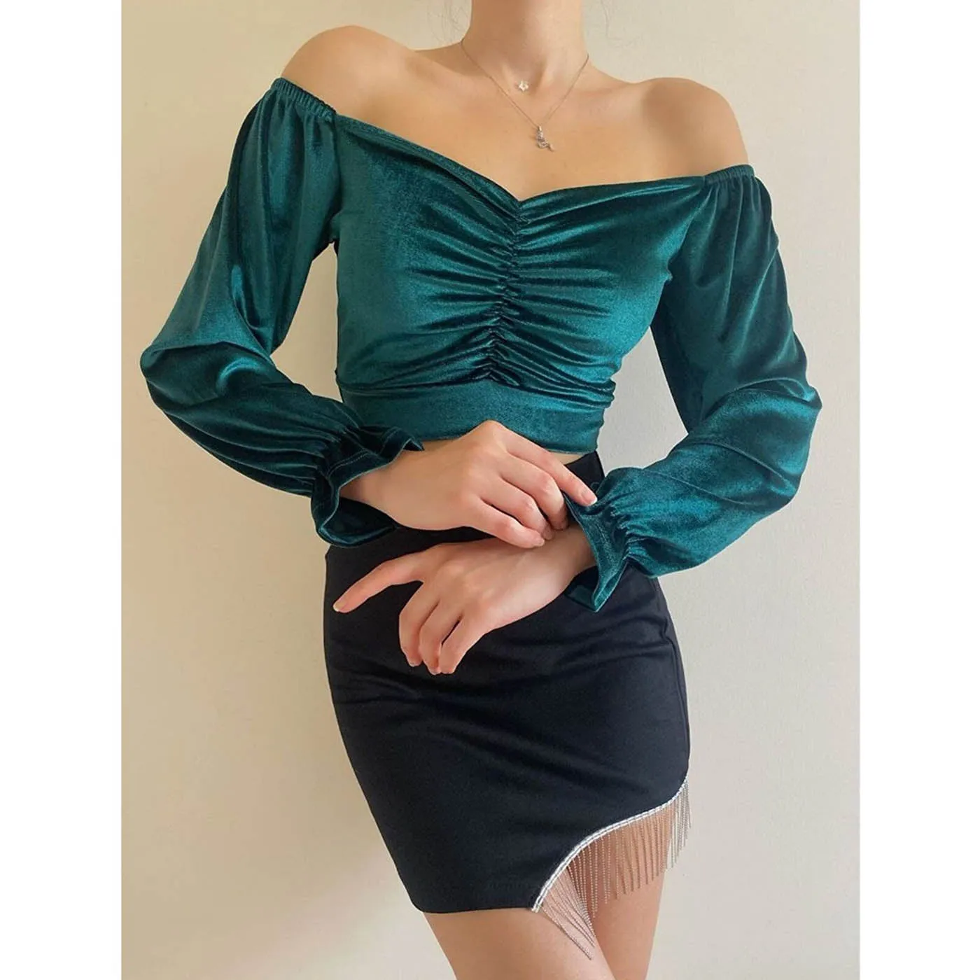 Green Pleated Velvet Blouse