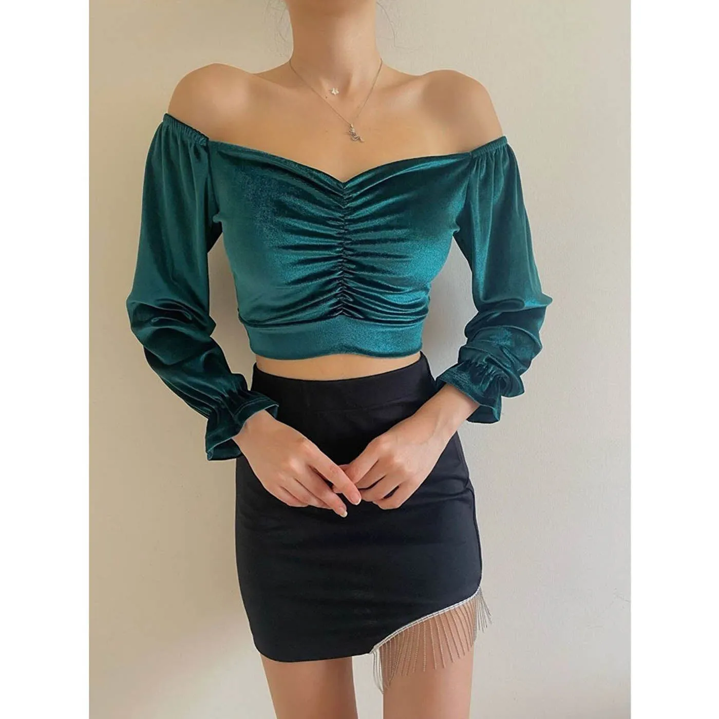 Green Pleated Velvet Blouse