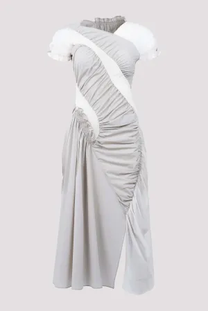 Grey and Cream Ruched Midi Dress