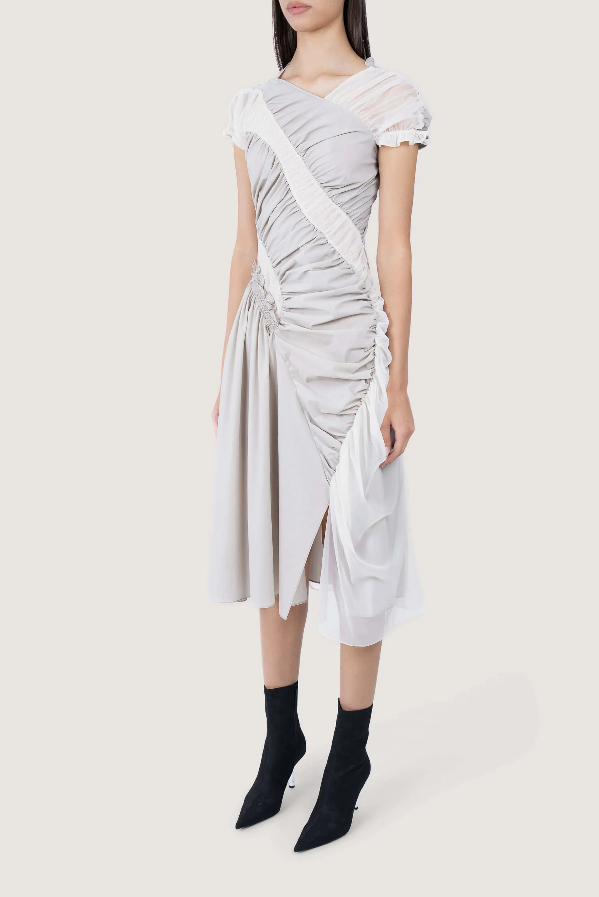 Grey and Cream Ruched Midi Dress