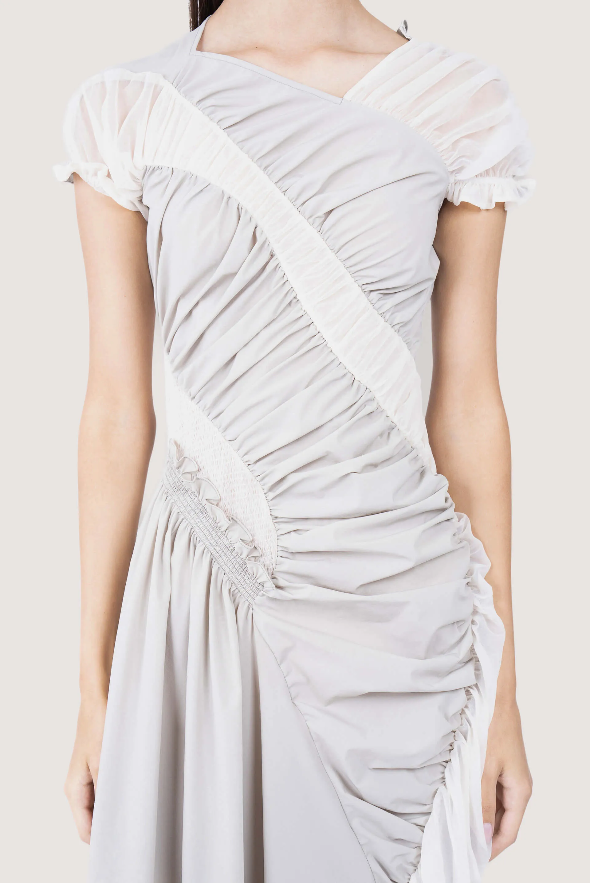 Grey and Cream Ruched Midi Dress