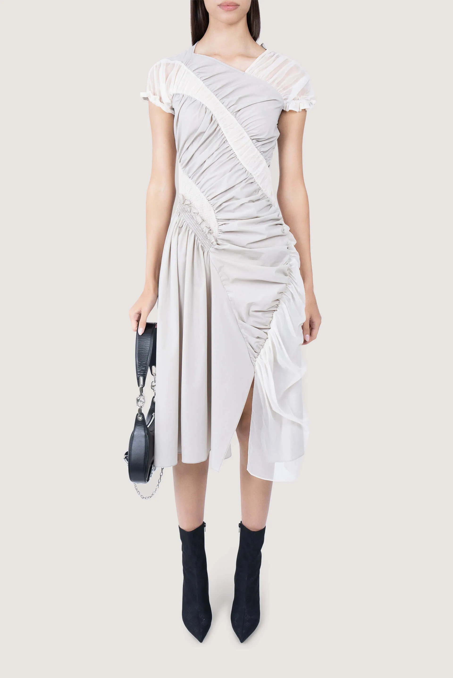 Grey and Cream Ruched Midi Dress