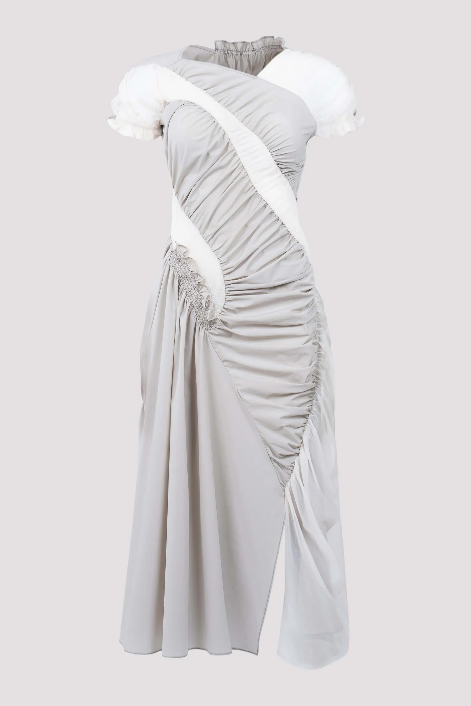 Grey and Cream Ruched Midi Dress
