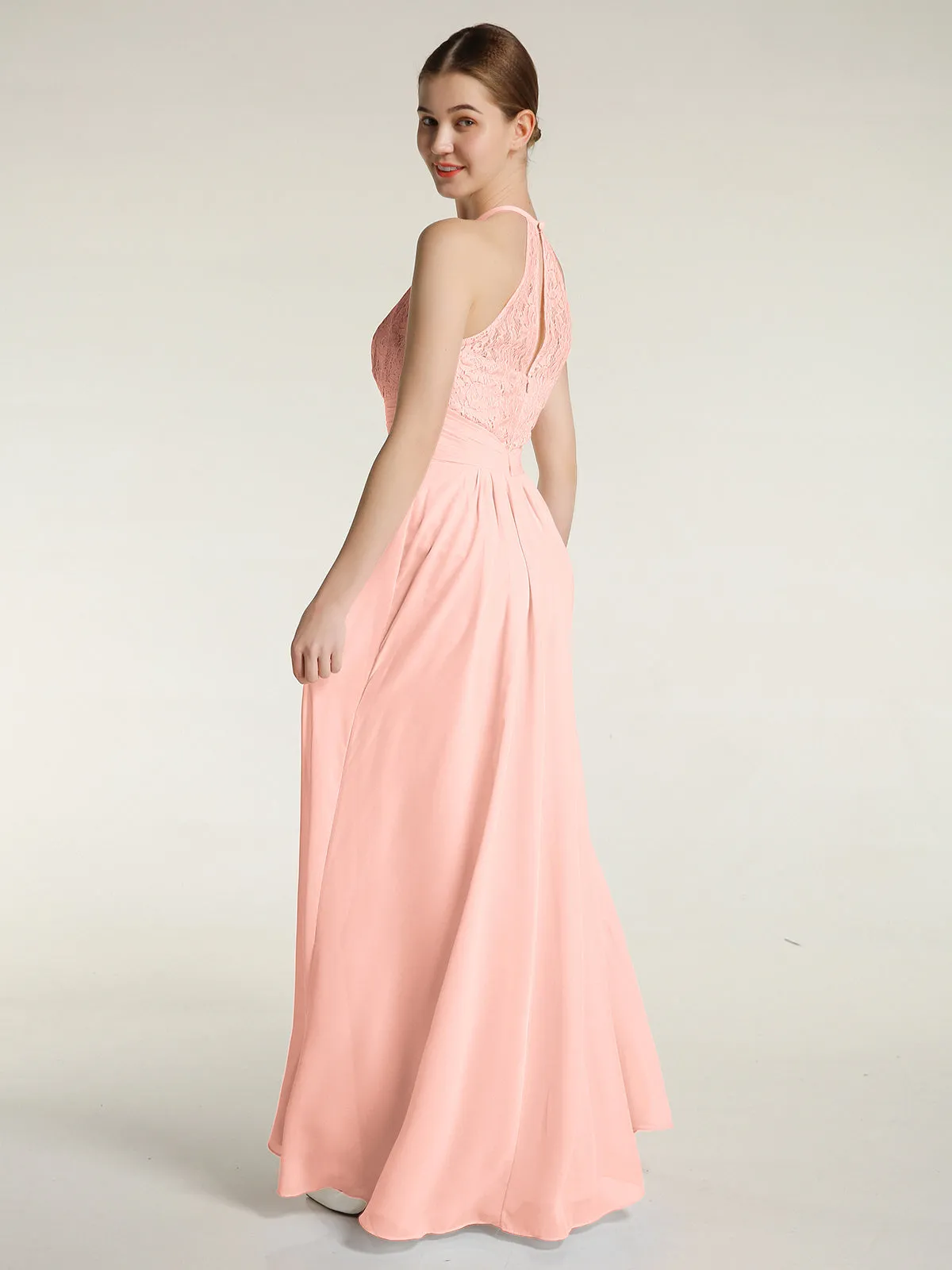 Halter Chiffon And Lace Long Dresses Coral