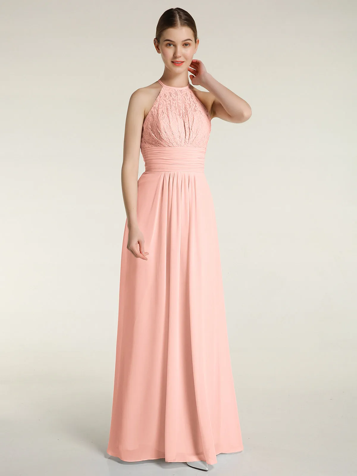 Halter Chiffon And Lace Long Dresses Coral