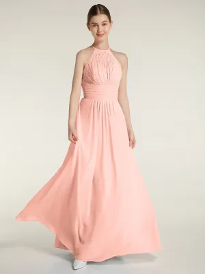 Halter Chiffon And Lace Long Dresses Coral