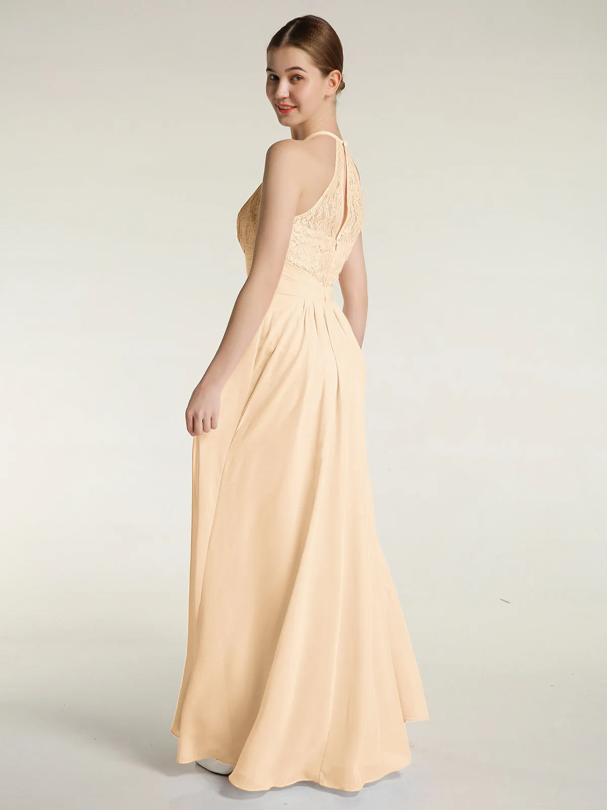 Halter Chiffon And Lace Long Dresses Peach Plus Size
