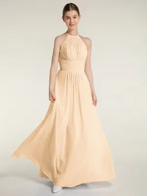 Halter Chiffon And Lace Long Dresses Peach Plus Size