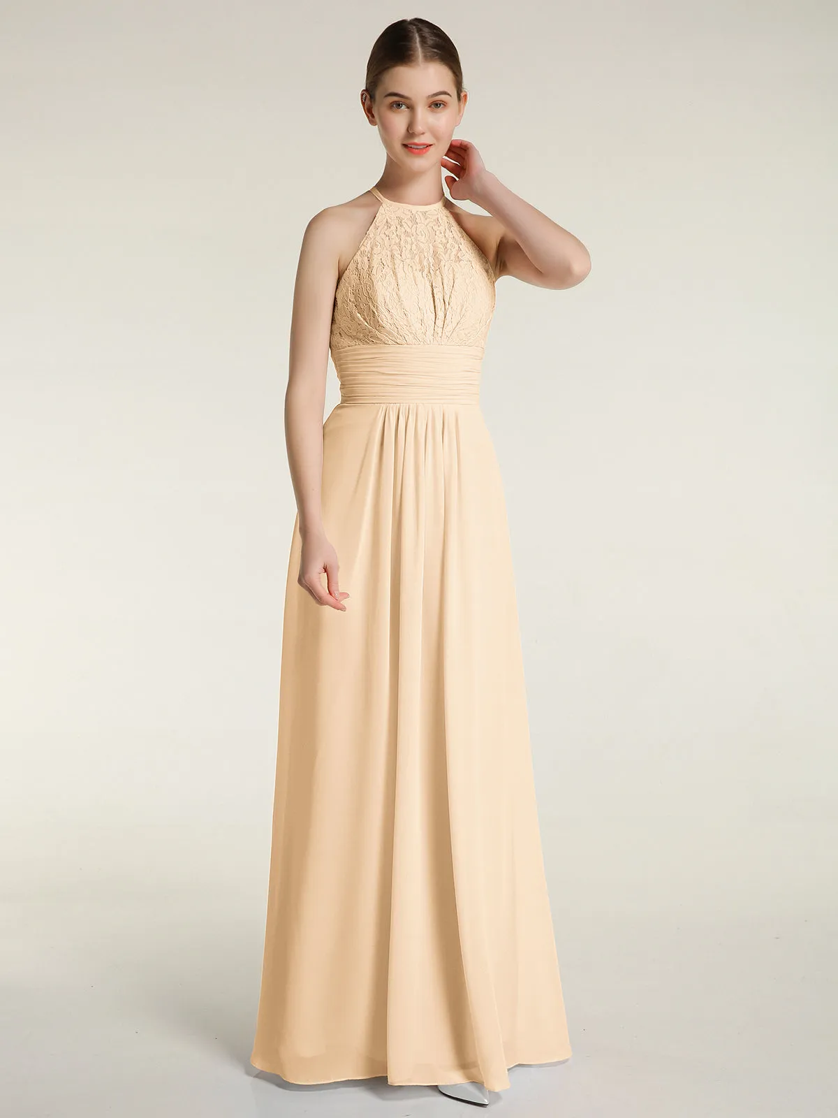 Halter Chiffon And Lace Long Dresses Peach Plus Size