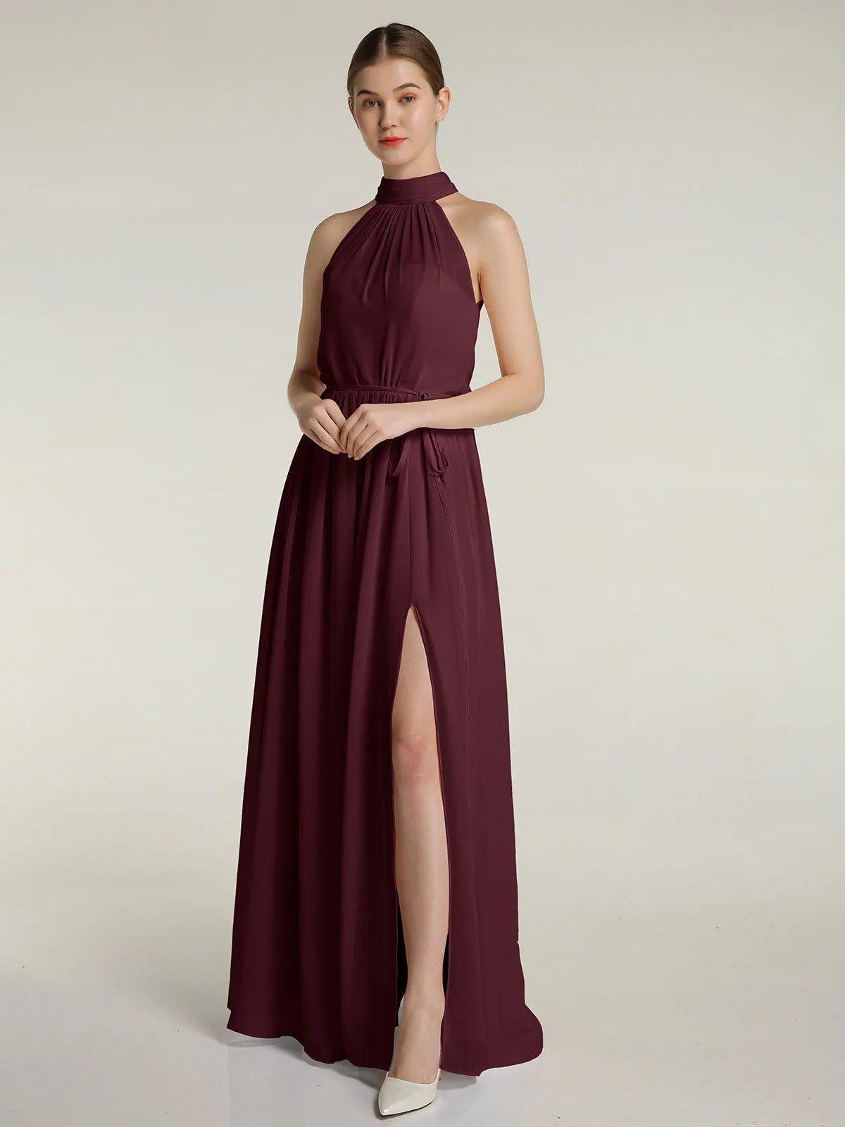 High Neck Chiffon Dresses with Slit and Sash Bow-Cabernet