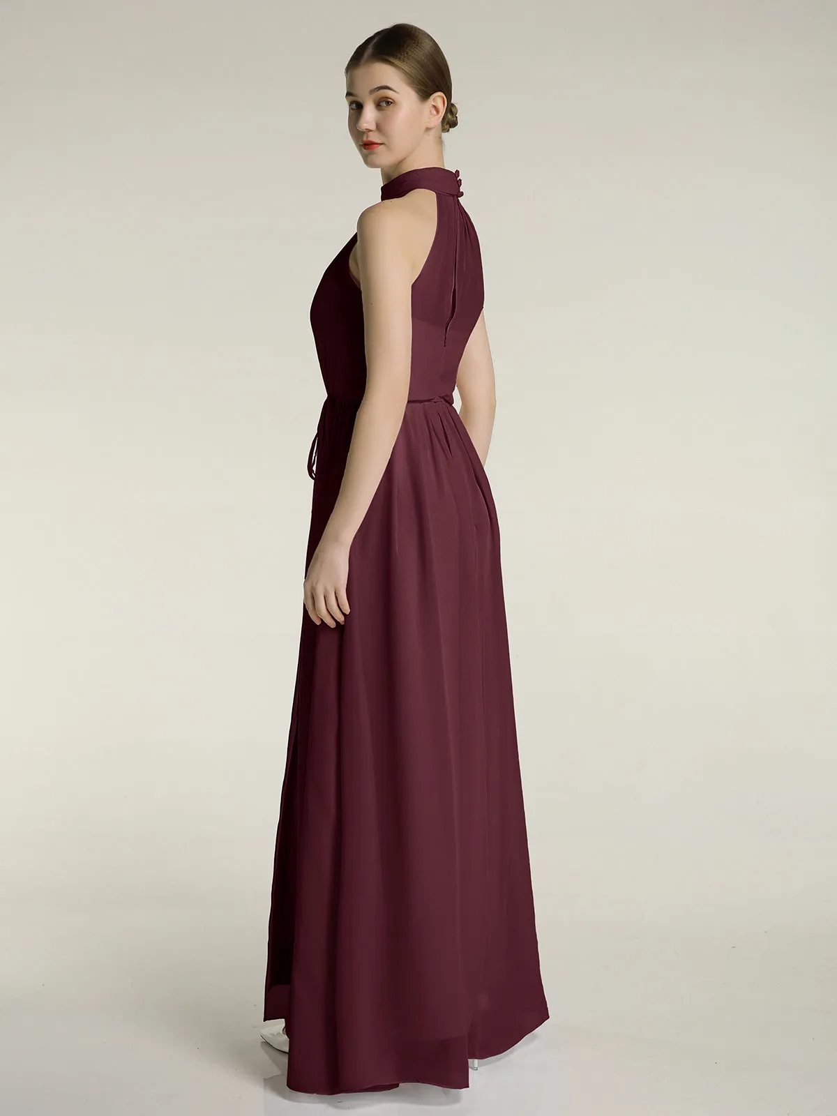 High Neck Chiffon Dresses with Slit and Sash Bow-Cabernet