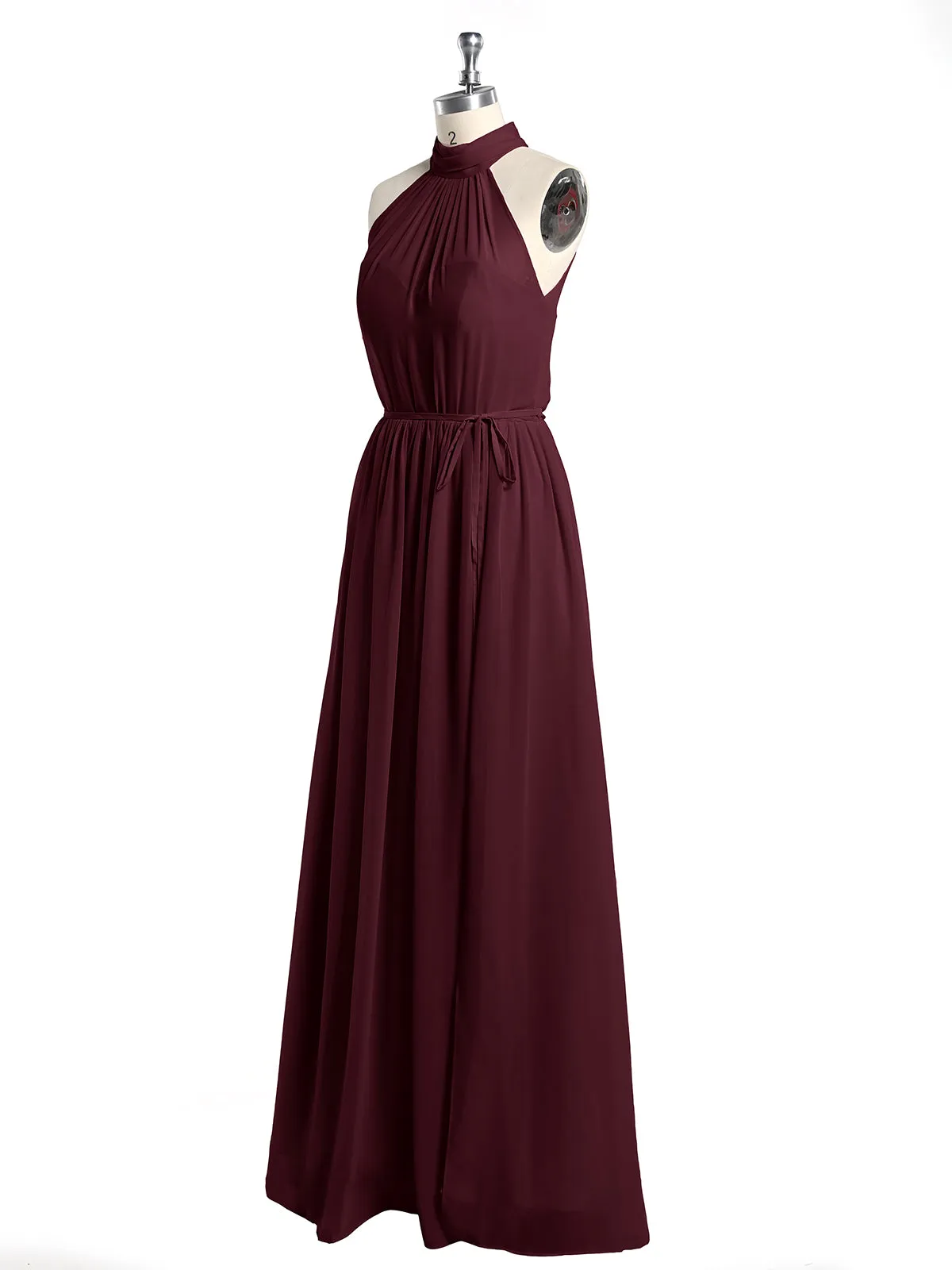 High Neck Chiffon Dresses with Slit and Sash Bow-Cabernet