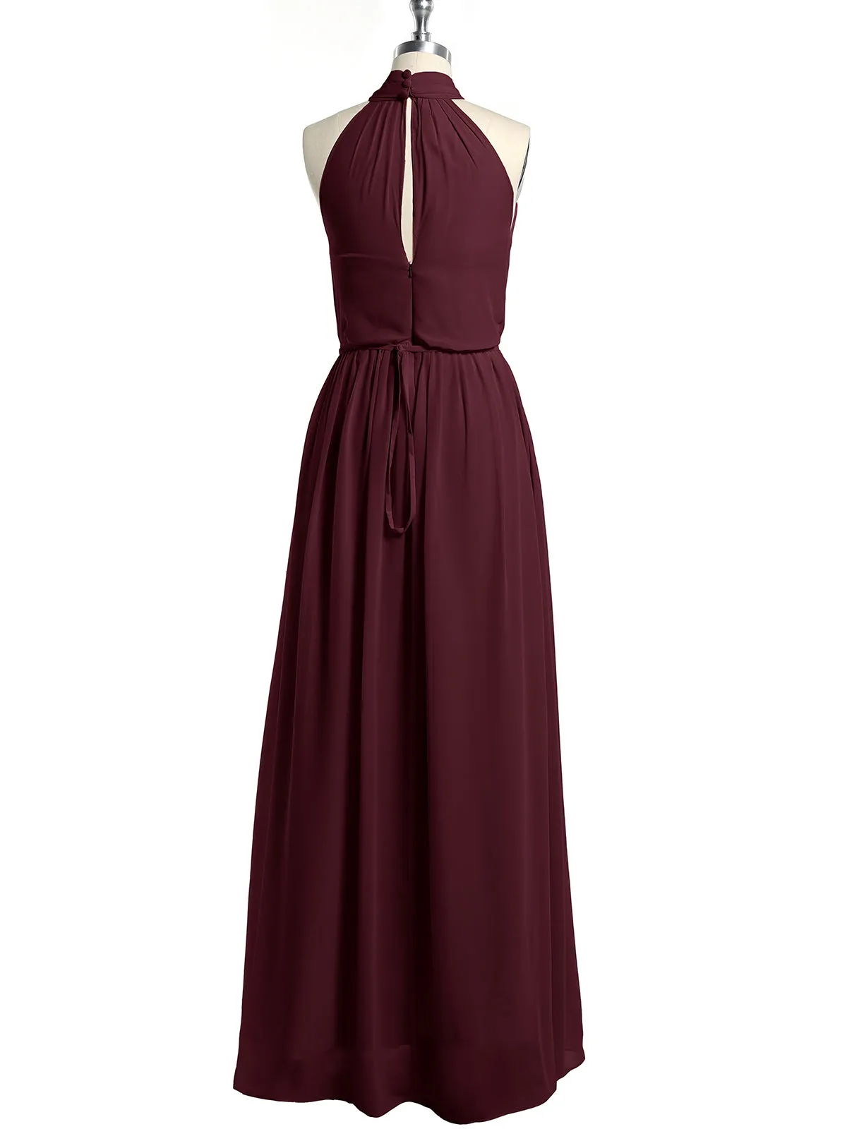 High Neck Chiffon Dresses with Slit and Sash Bow-Cabernet