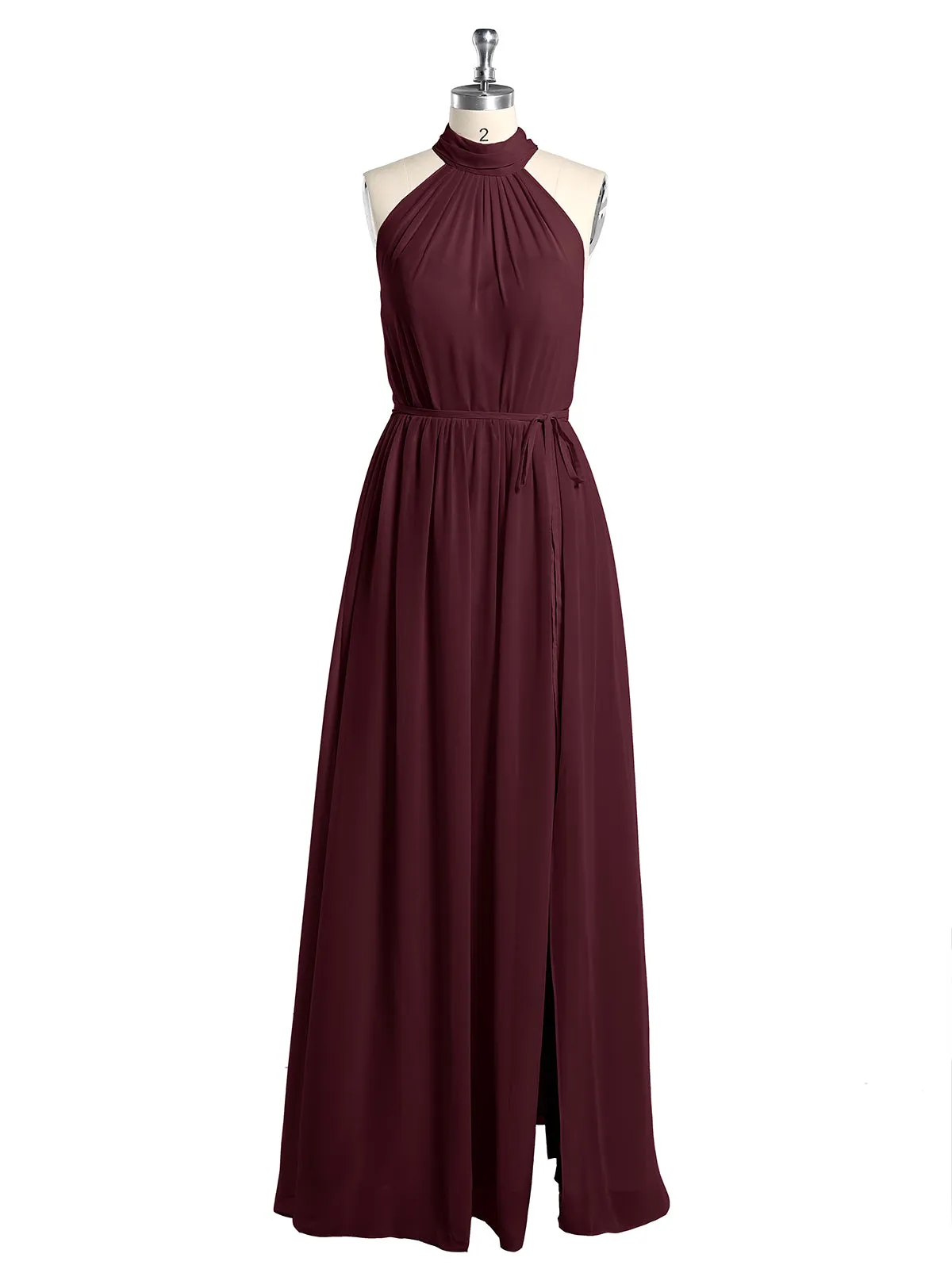 High Neck Chiffon Dresses with Slit and Sash Bow-Cabernet