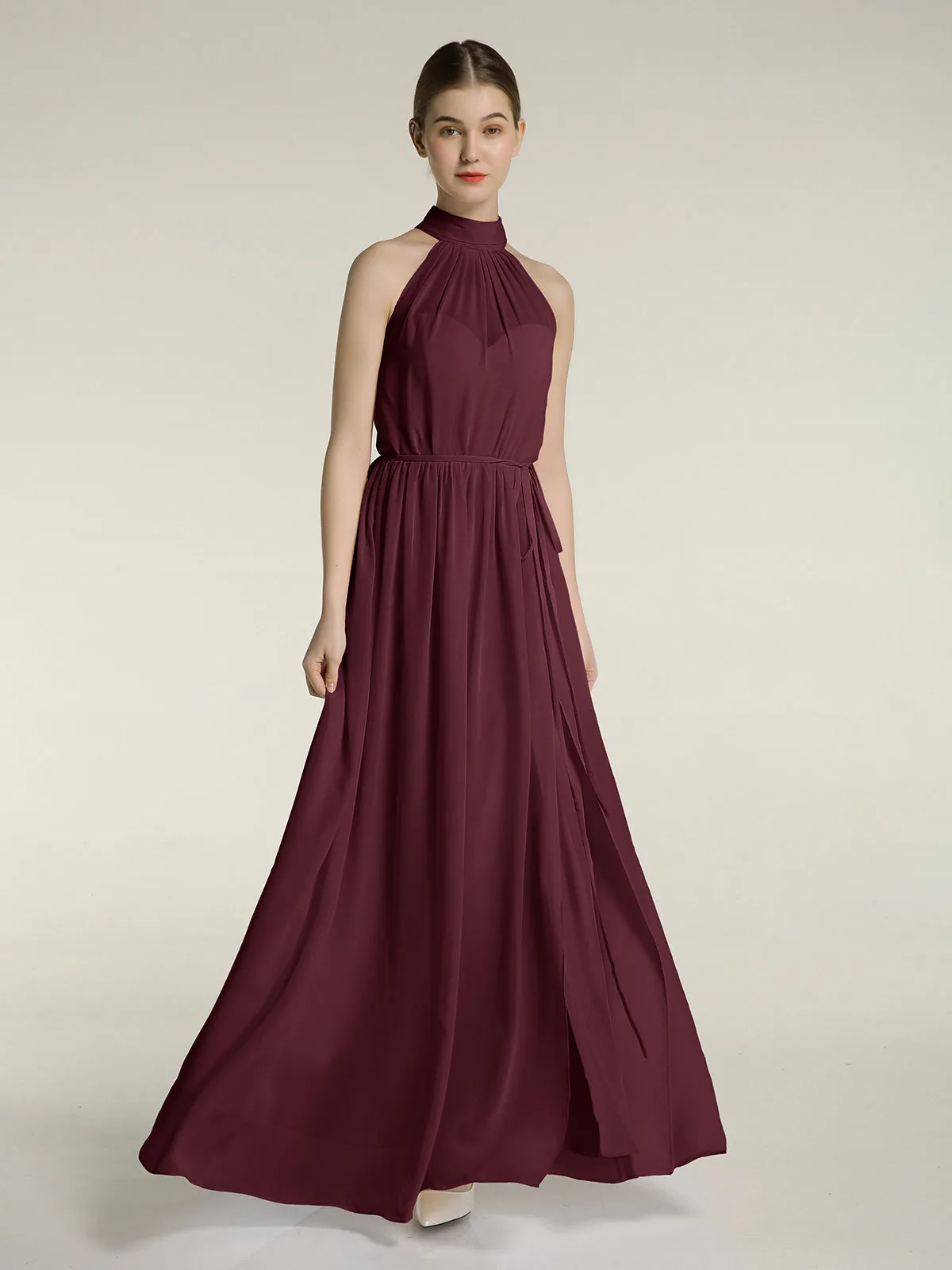 High Neck Chiffon Dresses with Slit and Sash Bow-Cabernet