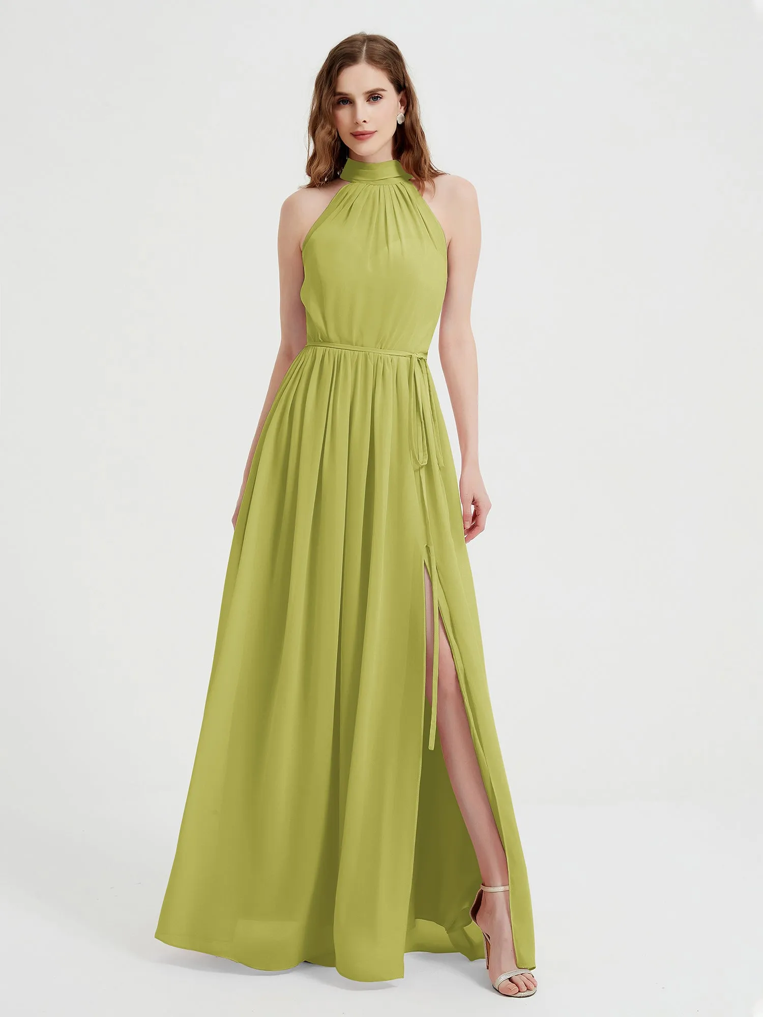 High Neck Chiffon Dresses with Slit and Sash Bow-Clover Plus Size