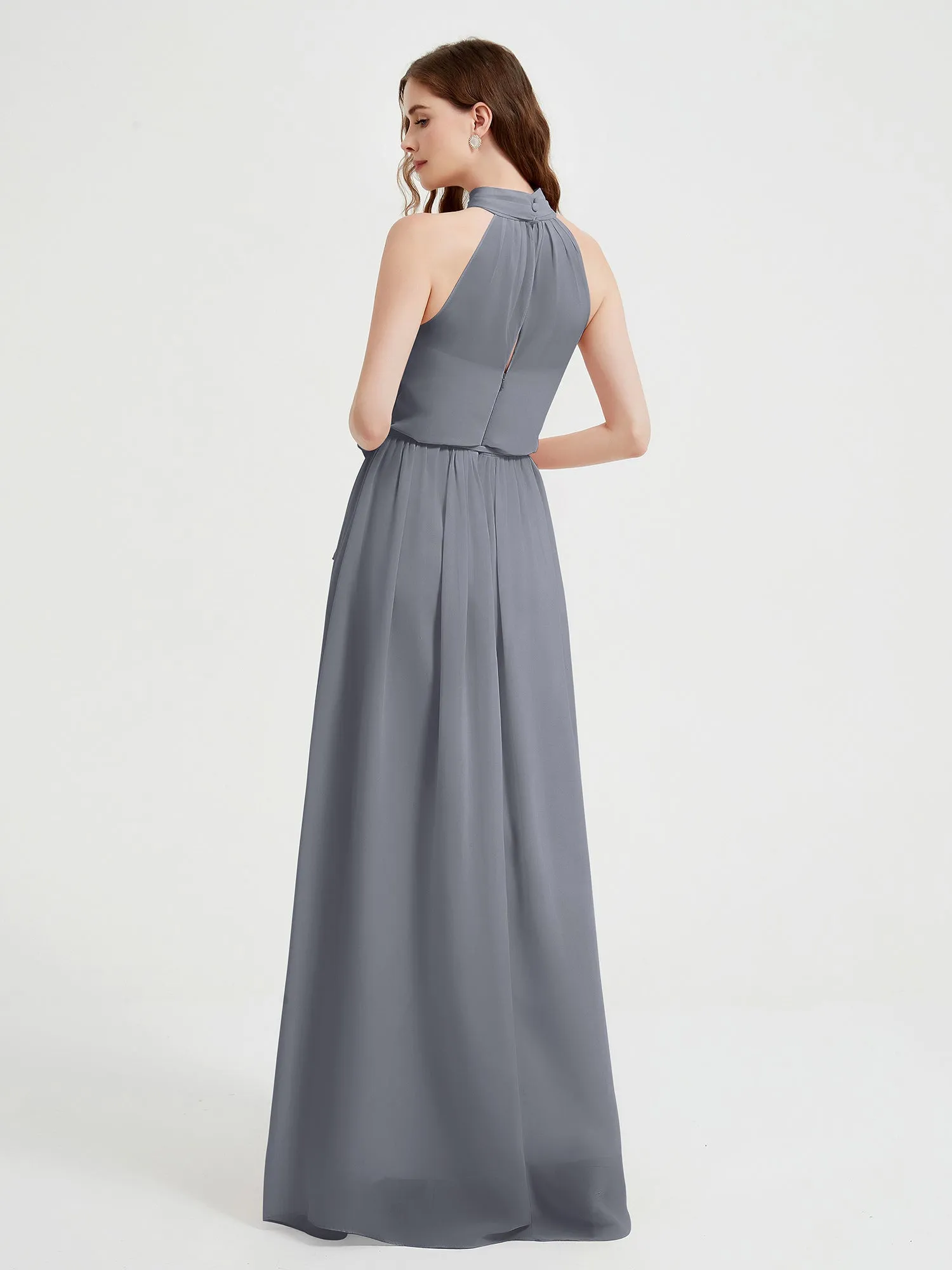 High Neck Chiffon Dresses with Slit and Sash Bow-Steel Grey