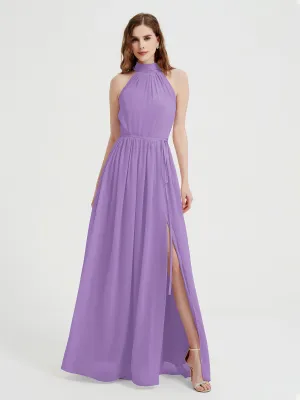 High Neck Chiffon Dresses with Slit and Sash Bow-Tahiti