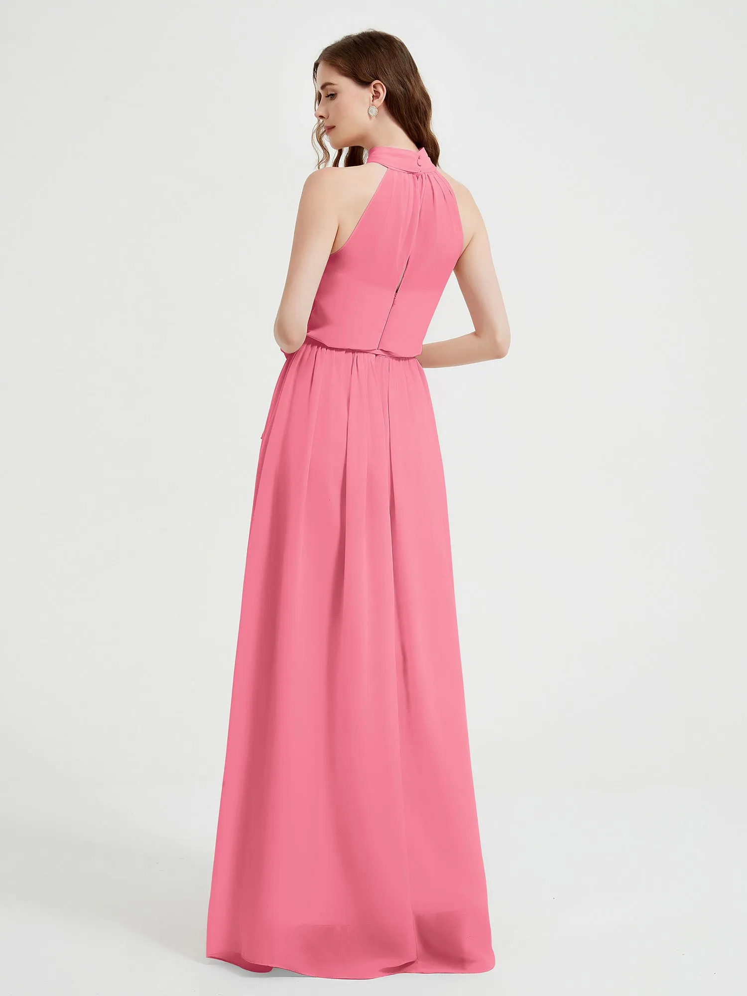 High Neck Chiffon Dresses with Slit and Sash Bow-Watermelon