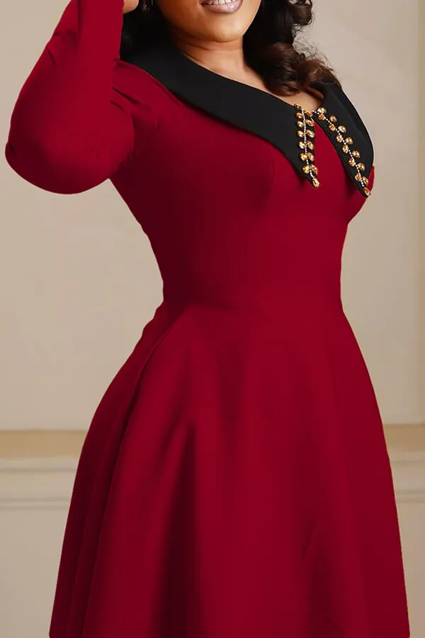 Hit Color Rhinestone Decor Feminine A-Line Midi Dress