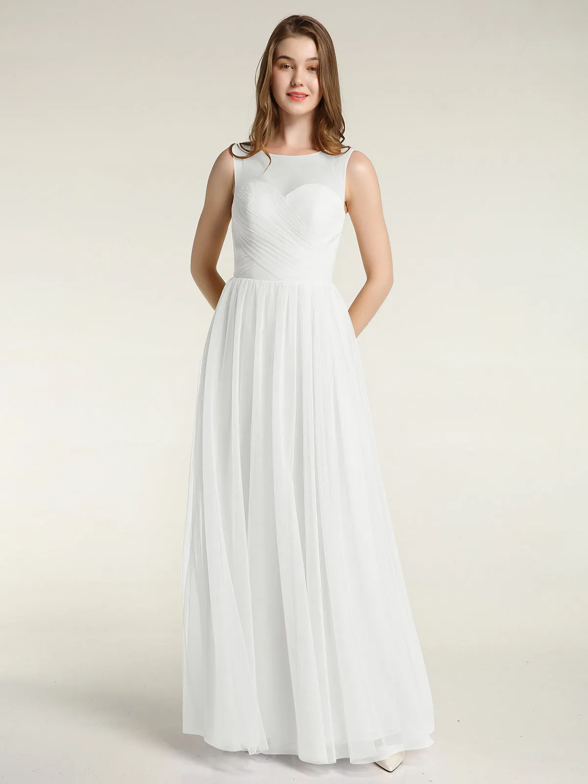 Illusion Neck Cross Tulle Bridesmaid Dresses-Ivory