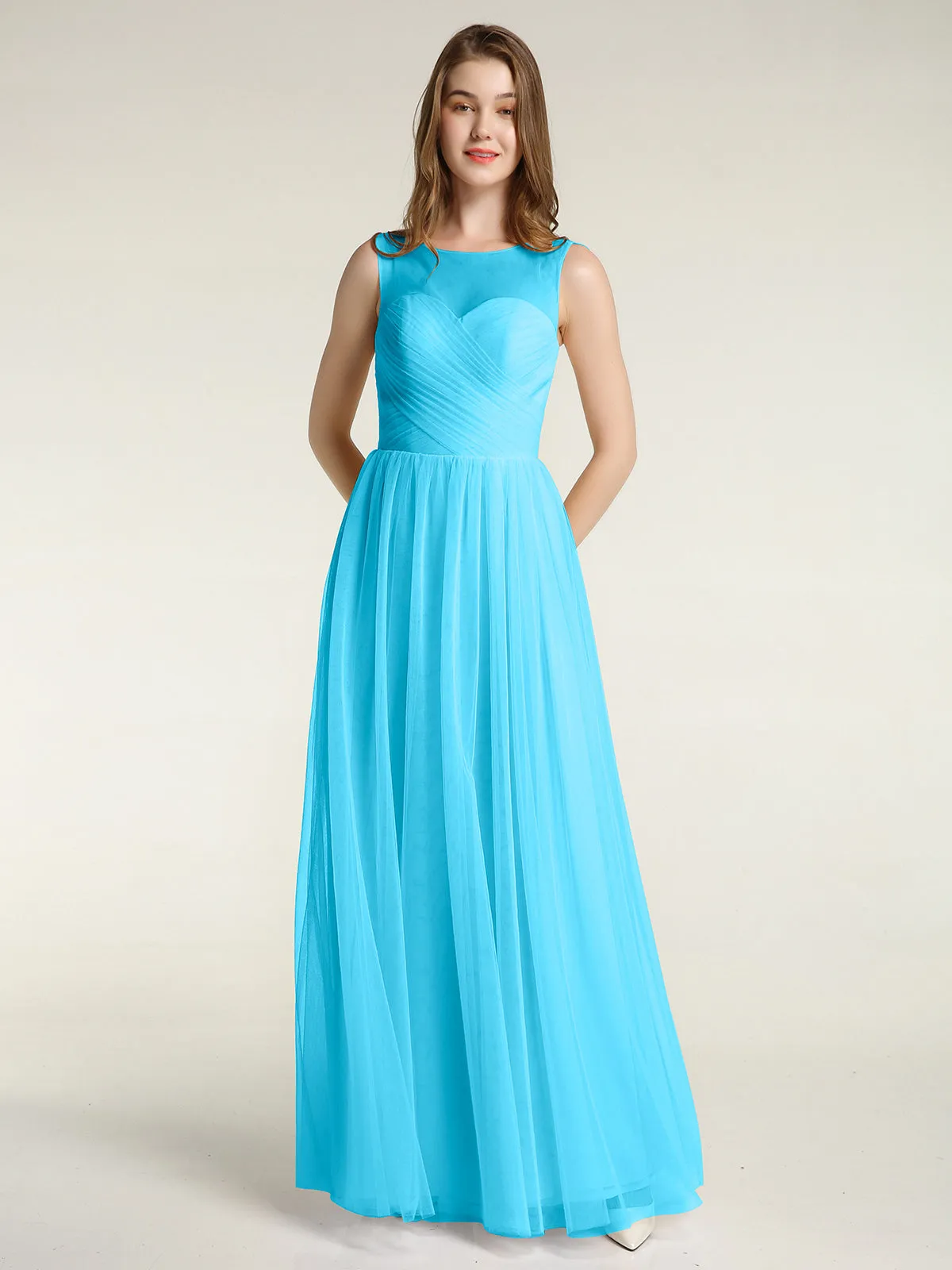 Illusion Neck Cross Tulle Bridesmaid Dresses-Pool