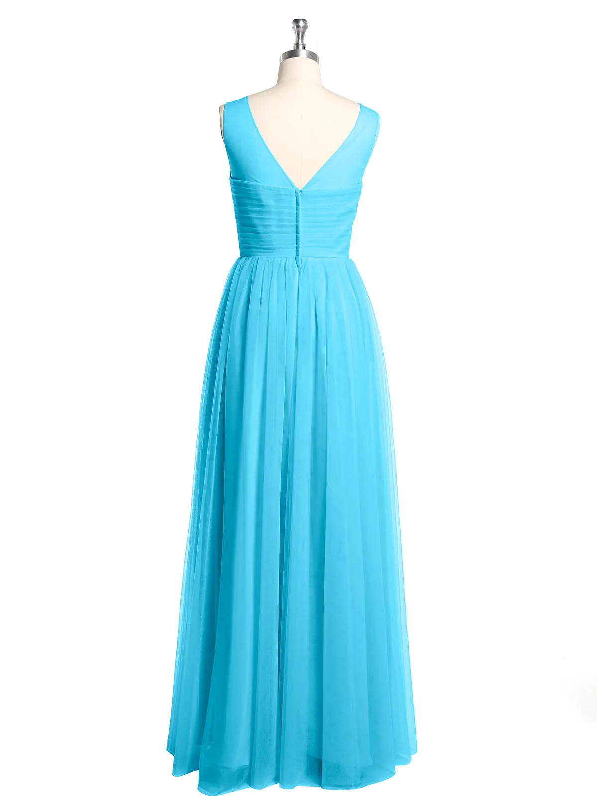 Illusion Neck Cross Tulle Bridesmaid Dresses-Pool