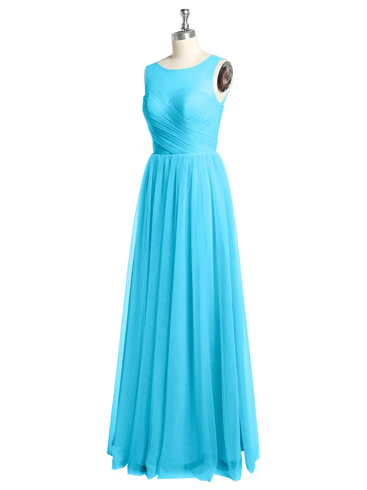 Illusion Neck Cross Tulle Bridesmaid Dresses-Pool