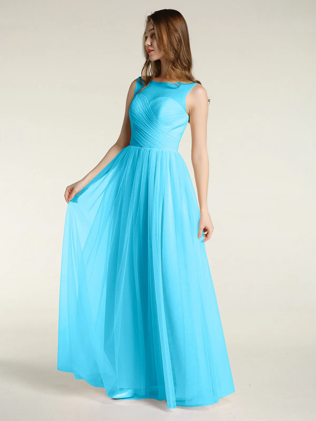 Illusion Neck Cross Tulle Bridesmaid Dresses-Pool