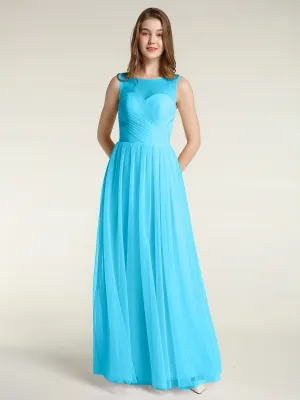 Illusion Neck Cross Tulle Bridesmaid Dresses-Pool