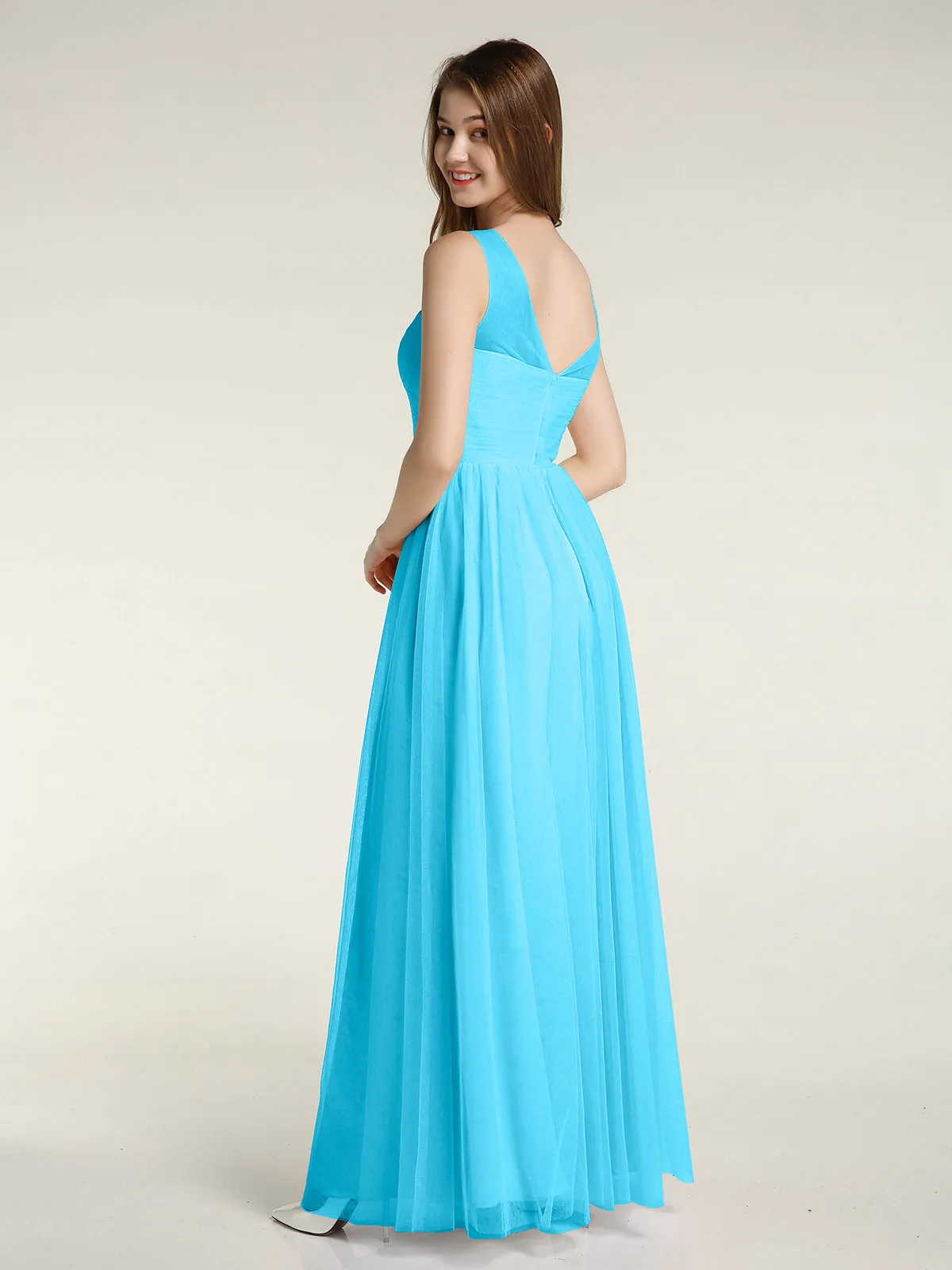 Illusion Neck Cross Tulle Bridesmaid Dresses-Pool