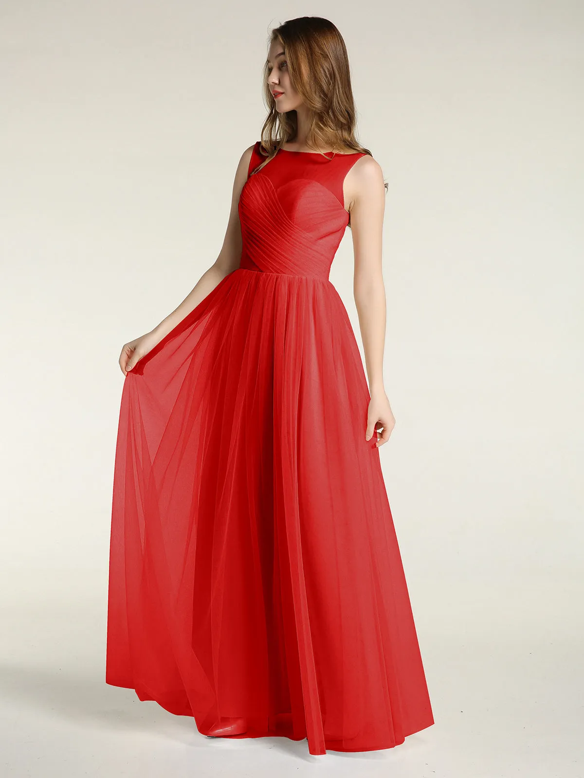 Illusion Neck Cross Tulle Bridesmaid Dresses-Red Plus Size