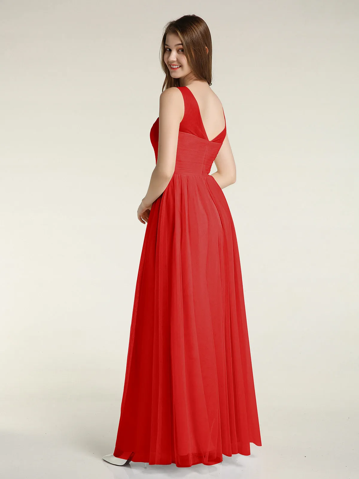 Illusion Neck Cross Tulle Bridesmaid Dresses-Red Plus Size
