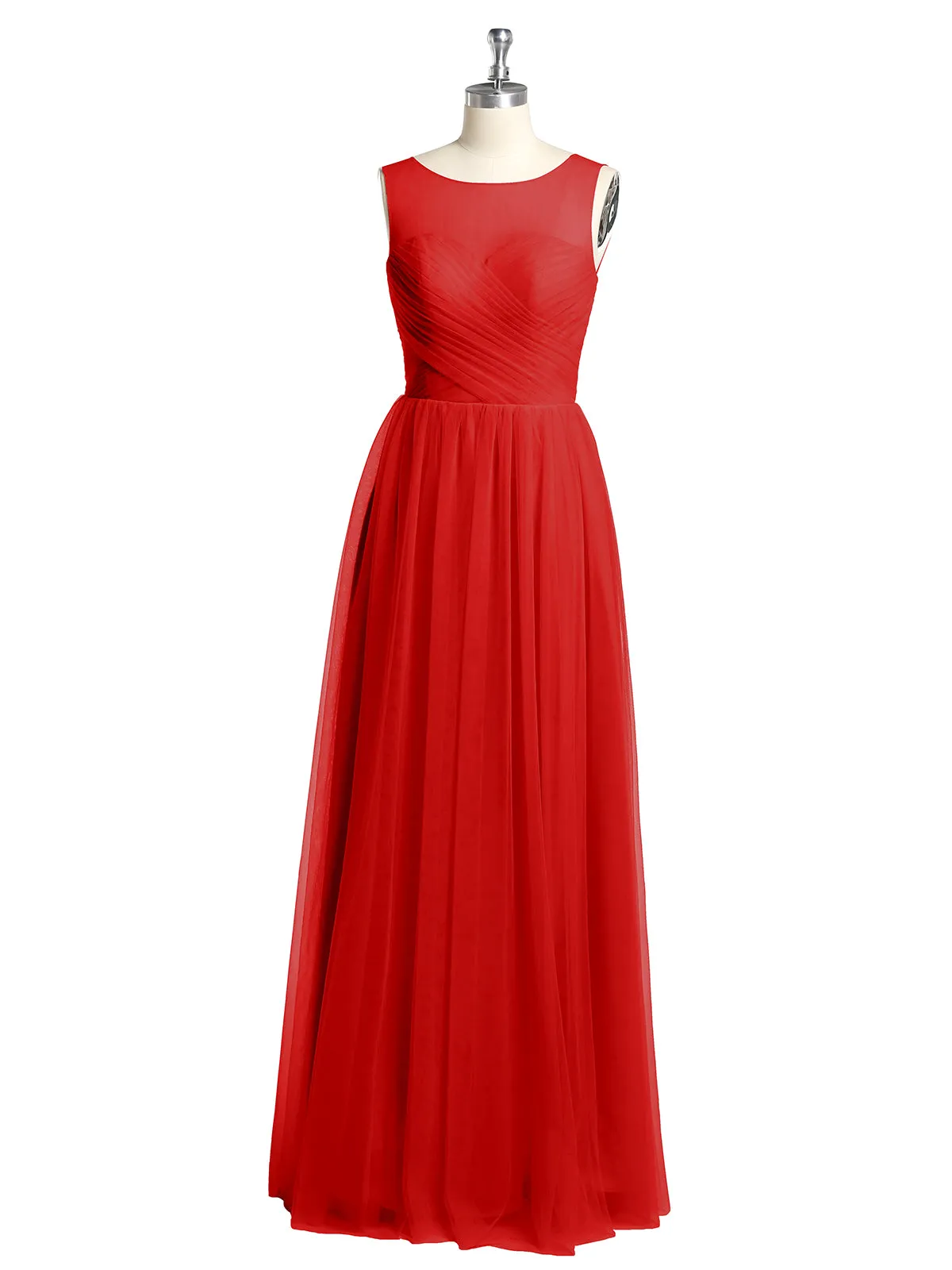 Illusion Neck Cross Tulle Bridesmaid Dresses-Red Plus Size