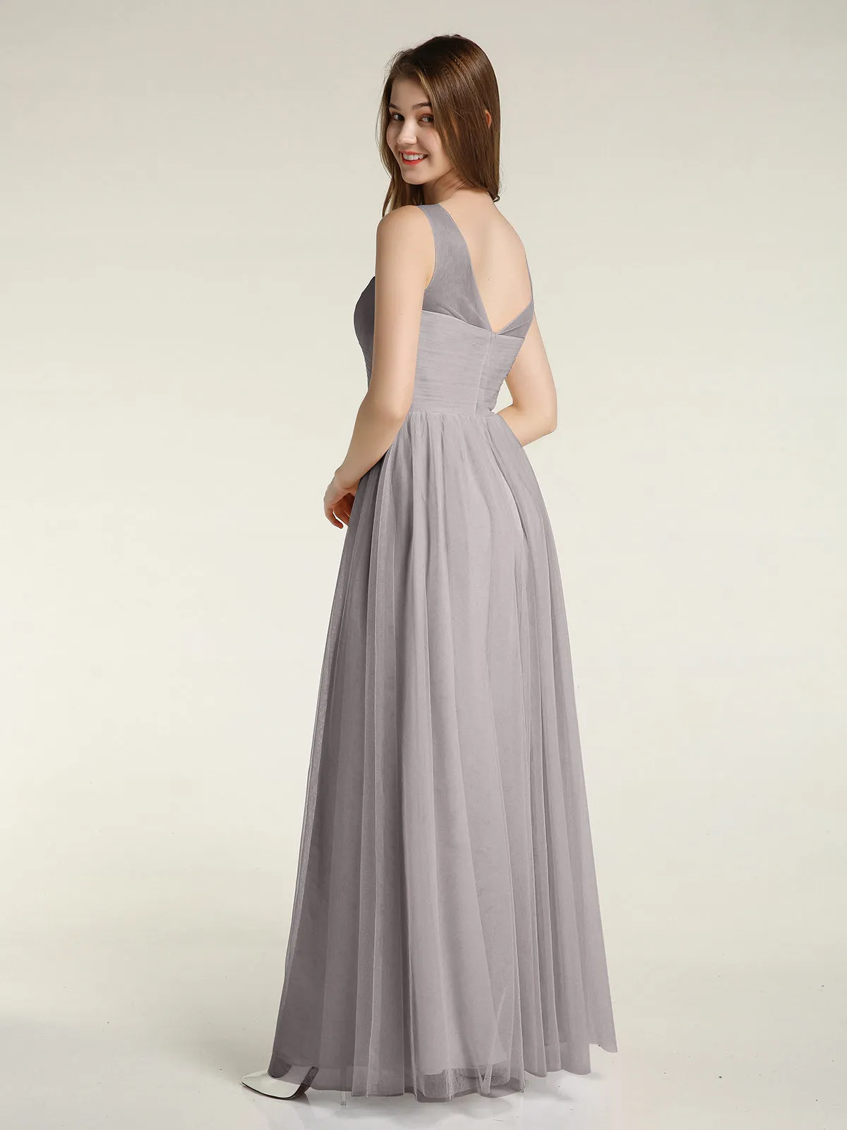 Illusion Neck Cross Tulle Bridesmaid Dresses-Silver