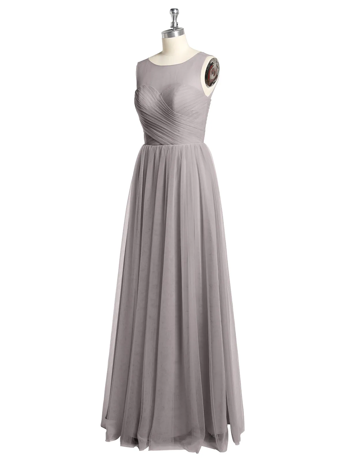 Illusion Neck Cross Tulle Bridesmaid Dresses-Silver