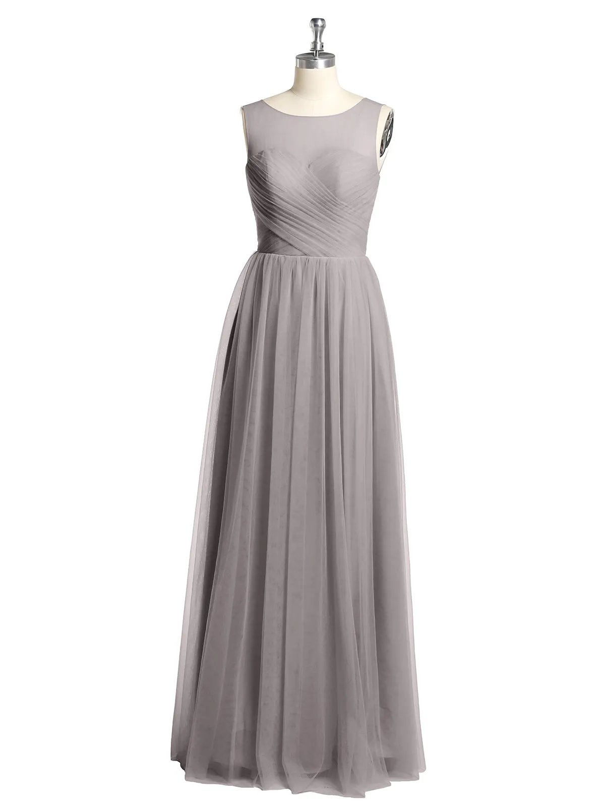 Illusion Neck Cross Tulle Bridesmaid Dresses-Silver